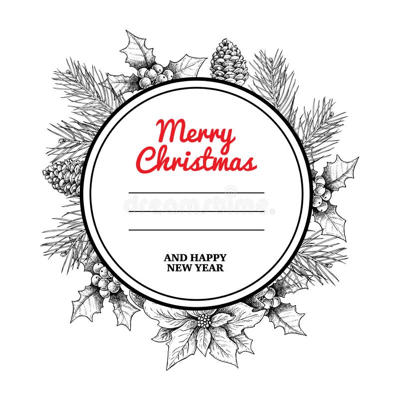 Il Natale circonda la struttura e si avvolge con le piante disegnate a mano dell'inverno Rami di pino, pigne, vischio e stella di illustrazione vettoriale Il Natale circonda la struttura e si avvolge con le piante disegnate a mano dell'inverno Rami di pino, pigne, vischio e stella di illustrazione vettoriale