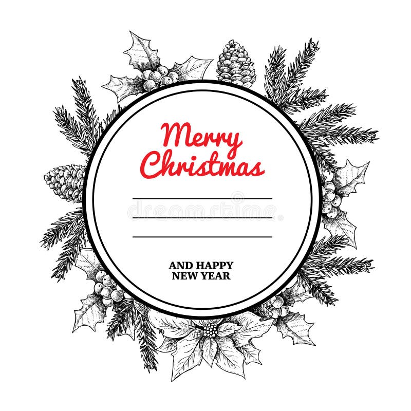 Il Natale circonda la struttura e si avvolge con le piante disegnate a mano dell'inverno Rami, pigne, vischio e stella di Natale illustrazione di stock Il Natale circonda la struttura e si avvolge con le piante disegnate a mano dell'inverno Rami, pigne, vischio e stella di Natale illustrazione di stock