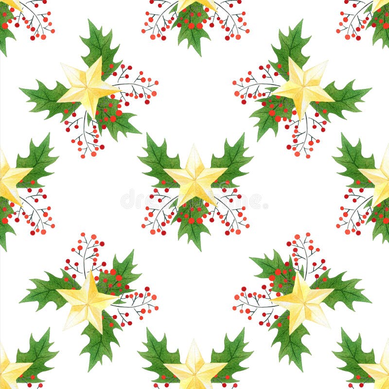 Il Natale senza cuciture dell'acquerello stampa con le bacche dell'agrifoglio, le foglie, stelle dorate per carta da imballaggio, illustrazione di stock Il Natale senza cuciture dell'acquerello stampa con le bacche dell'agrifoglio, le foglie, stelle dorate per carta da imballaggio, illustrazione di stock