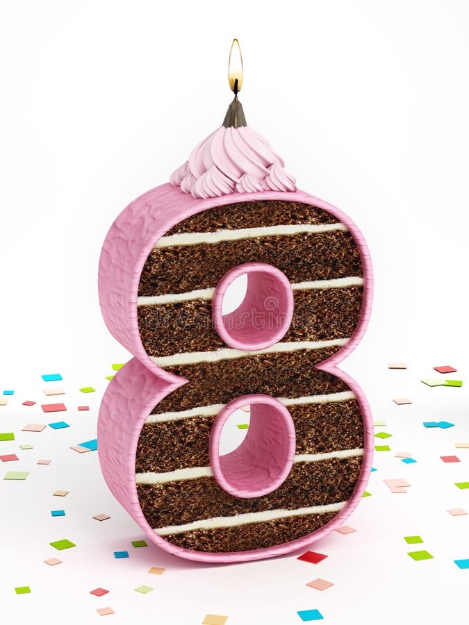 Il numero 8 ha modellato la torta di compleanno del cioccolato con la candela accesa immagini stock Il numero 8 ha modellato la torta di compleanno del cioccolato con la candela accesa immagini stock