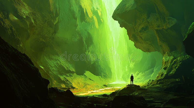 Il paesaggio di una grotta verde, l'arte digitale surreale, la scena naturale, un uomo che esplora la fantasy luce drammatica del illustrazione vettoriale
