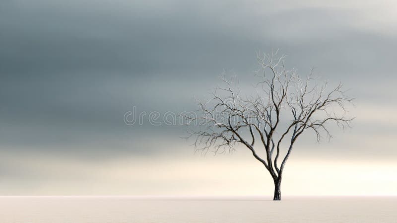 Il paesaggio minimalista generato dall'aria di un albero solitario contro un cielo soffice e sovrastato illustrazione vettoriale