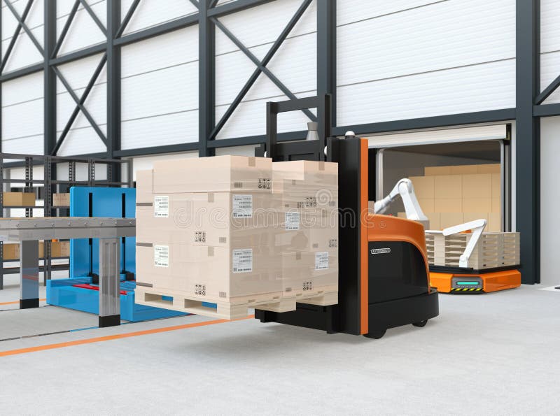 Autonomous forklift carrying pallet of goods in logistics center. 3D rendering image. Autonomous forklift carrying pallet of goods in logistics center. 3D rendering image.