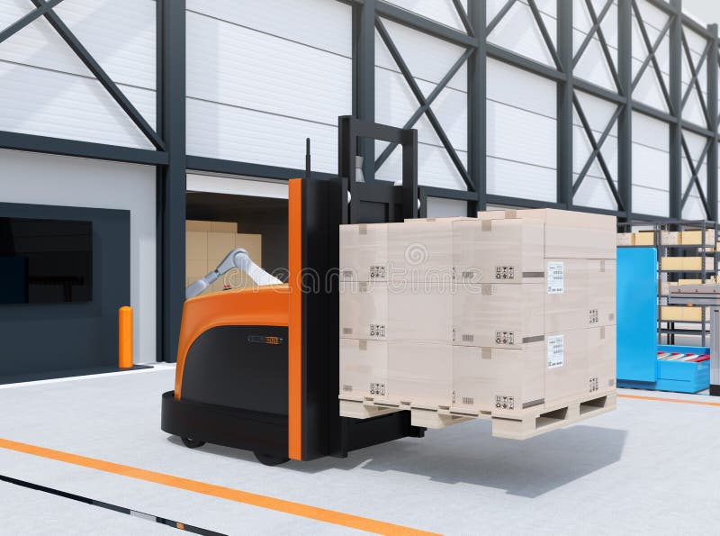 Autonomous forklift carrying pallet of goods in logistics center. 3D rendering image. Autonomous forklift carrying pallet of goods in logistics center. 3D rendering image.