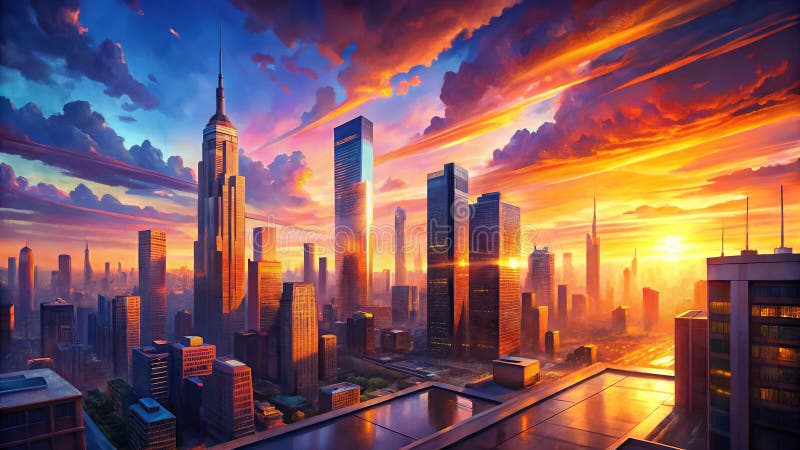 Il panorama dell'ora d'oro di una città vibrante sulla linea di Skyline al tramonto illustrazione di stock