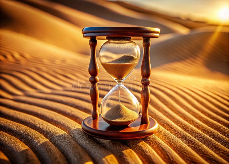 Il Trascorrere del Tempo Riflesso in una Clessidra di Legno Chiaro su Sabbia del Deserto Una Visuale Sorprendente della Transitori illustrazione vettoriale