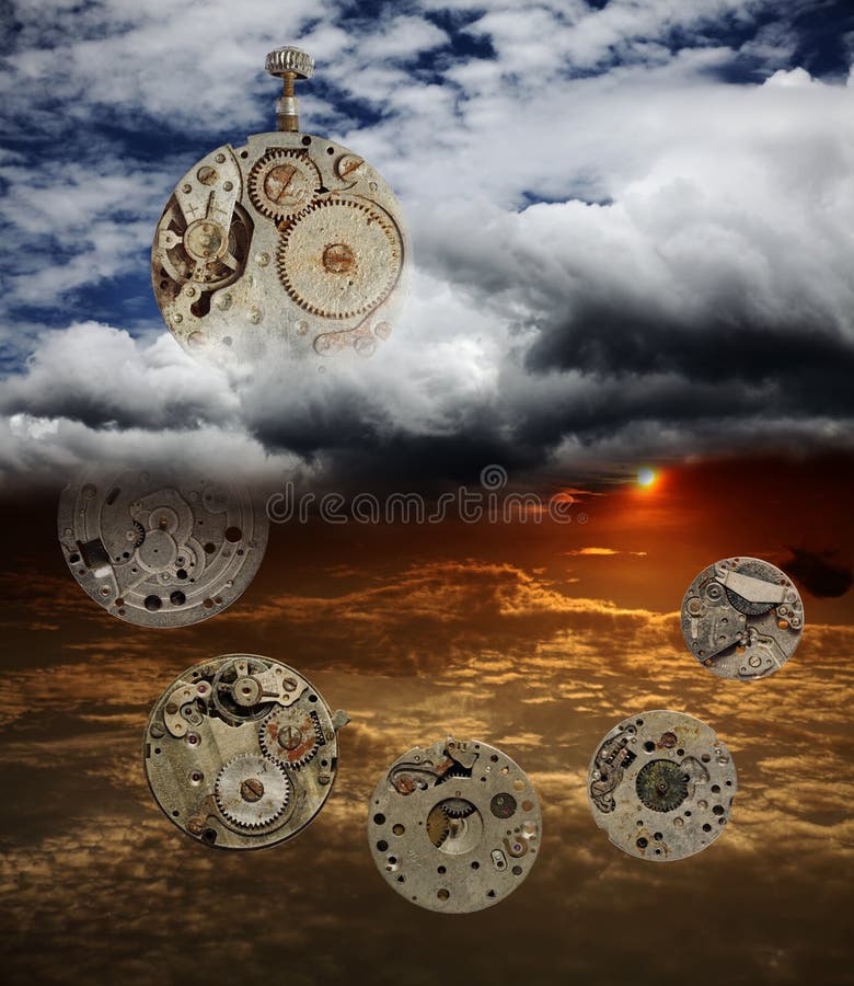 An original digital artwork of vintage grungy timepiece skeletons circulating between dreamy surreal cloudscape of time. An original digital artwork of vintage grungy timepiece skeletons circulating between dreamy surreal cloudscape of time.