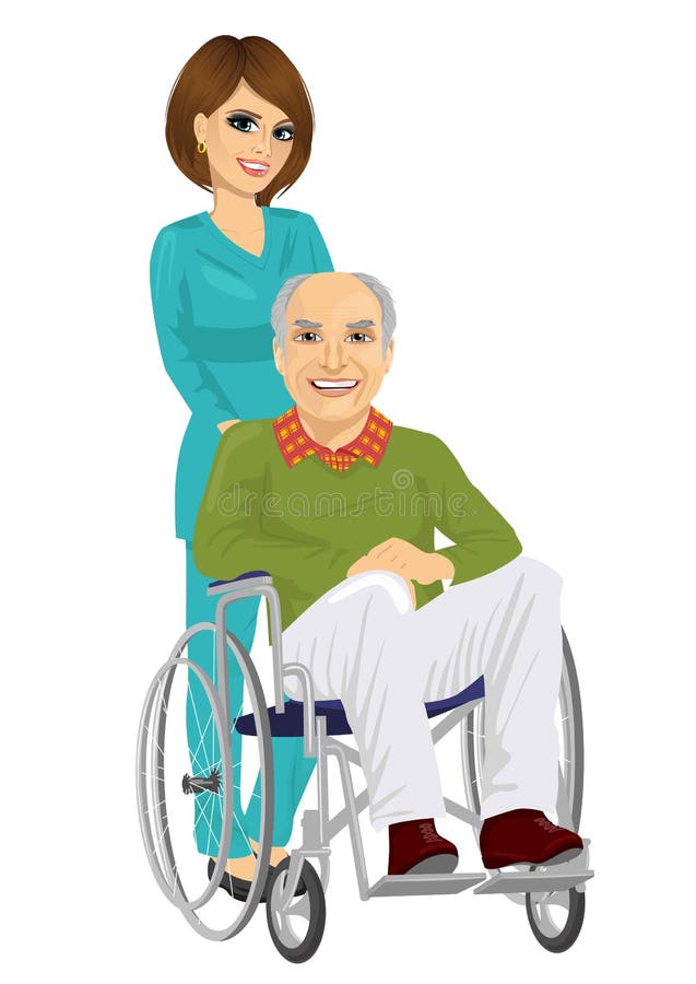 Senior patient in wheelchair with beautiful young nurse on white background. Senior patient in wheelchair with beautiful young nurse on white background