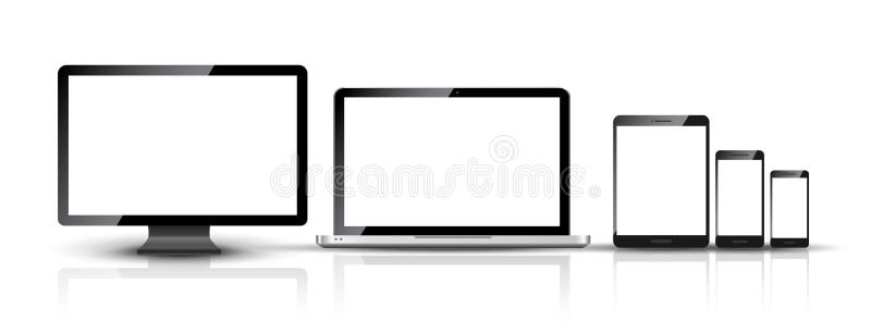Il pc del monitor, dello smartphone, del computer portatile e della compressa del computer progetta Insieme digitale astuto del d illustrazione vettoriale