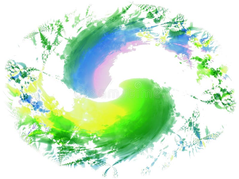 An abstract paintbrush splatter texture in a swirl pattern and green, blue and yellow colors. An abstract paintbrush splatter texture in a swirl pattern and green, blue and yellow colors