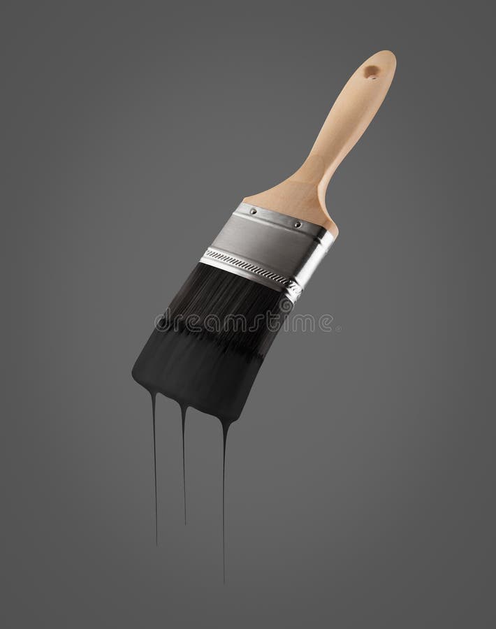 Il pennello ha caricato con colore nero che gocciola fuori dalle setole immagini stock libere da diritti Il pennello ha caricato con colore nero che gocciola fuori dalle setole immagini stock libere da diritti