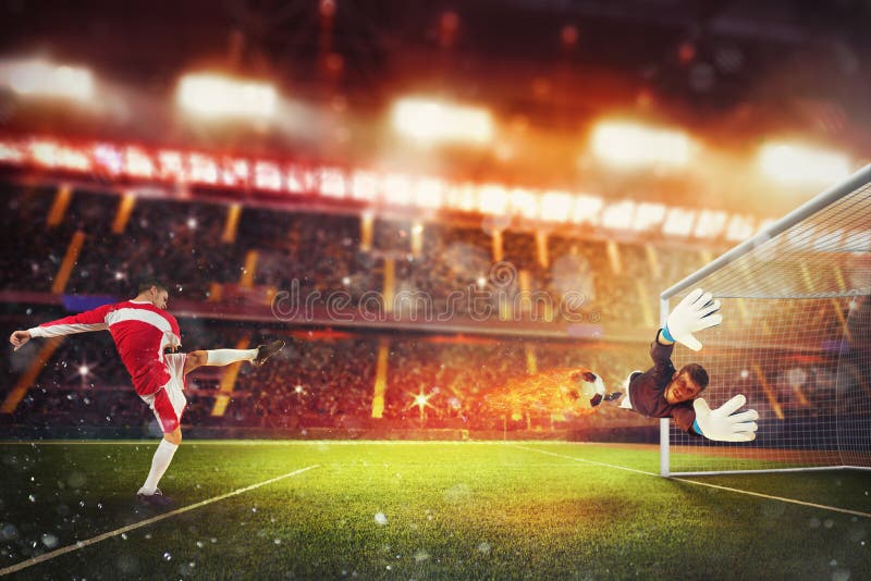 Il percussore di calcio colpisce la palla con abbastanza potere di andare su fuoco fotografia stock Il percussore di calcio colpisce la palla con abbastanza potere di andare su fuoco fotografia stock