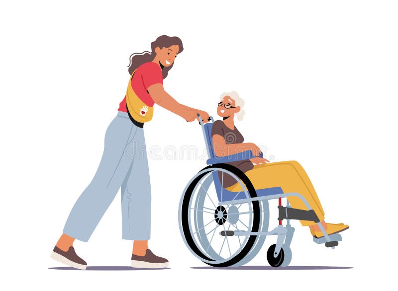 Volunteer Character Help Old Disabled People in Nursing Home. Young Social Worker Care of Sick Senior Woman Driving her on Wheelchair, Volunteering Healthcare, Medical Aid. Cartoon Vector Illustration. Volunteer Character Help Old Disabled People in Nursing Home. Young Social Worker Care of Sick Senior Woman Driving her on Wheelchair, Volunteering Healthcare, Medical Aid. Cartoon Vector Illustration