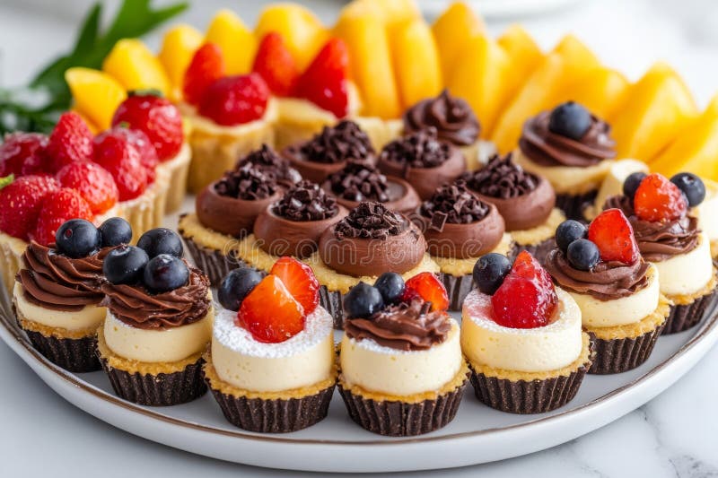 Il piatto da dessert colorato presenta un assortimento di minicefecche al cioccolato e tazze adornate con frutta fresca. immagini stock