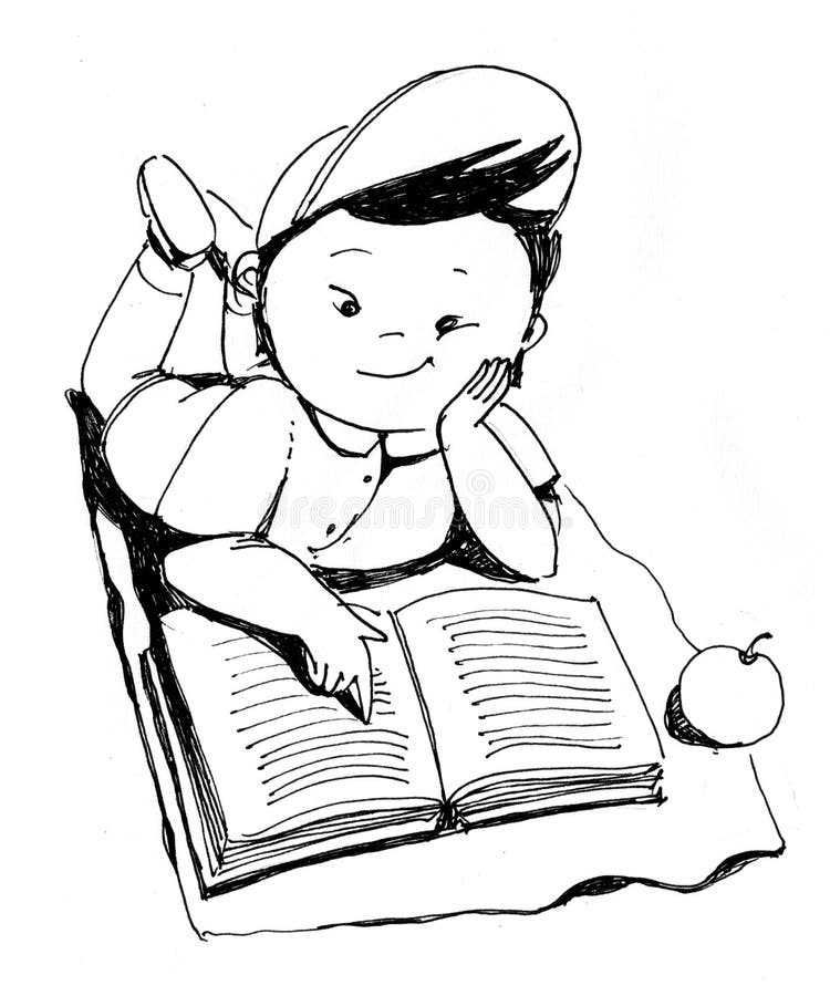Illustrazione monocromatica del quadro televisivo per il libro da colorare Il piccolo ragazzo grassottello giapponese con il cappuccio si trova sul pavimento e legge il libro