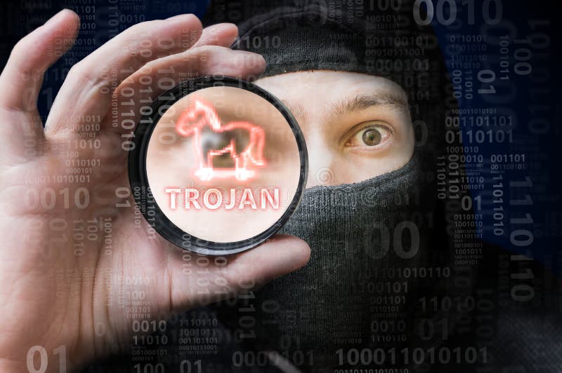 Il pirata informatico anonimo mascherato sta fendendo il codice binario con il malware trojan