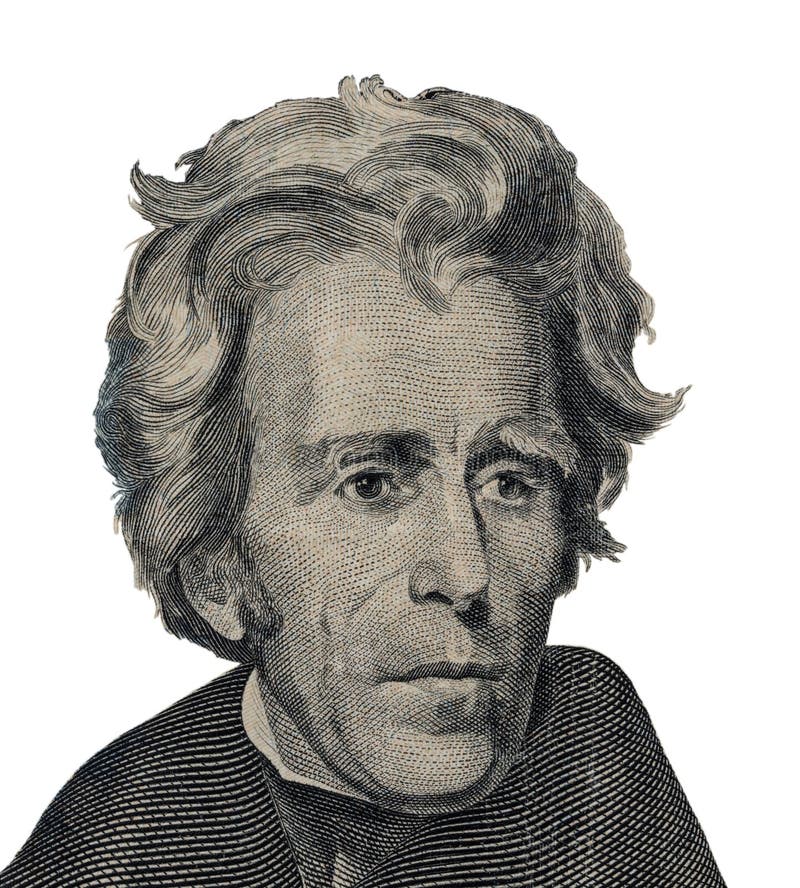 Il Presidente degli Stati Uniti Andrew Jackson affronta su una macro di venti banconote in dollari isolato, primo piano dei fondi fotografia stock libera da diritti Il Presidente degli Stati Uniti Andrew Jackson affronta su una macro di venti banconote in dollari isolato, primo piano dei fondi fotografia stock libera da diritti