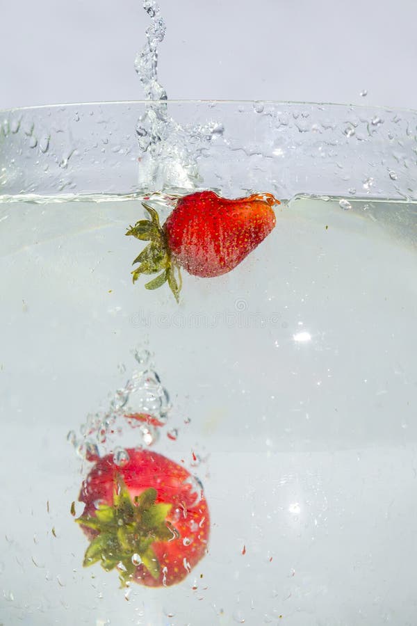 Il primo piano del mazzo di fragole con acqua spruzza in acquario fotografia stock libera da diritti Il primo piano del mazzo di fragole con acqua spruzza in acquario fotografia stock libera da diritti