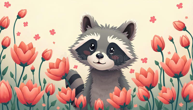 Il procione antropomorfo è circondato da tulipani rosa illustrazione di stock