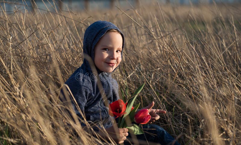Il ragazzino siede tra l'erba secca alta. notte felice di primavera sul campo. sorridere sul bambino fotografia stock libera da diritti