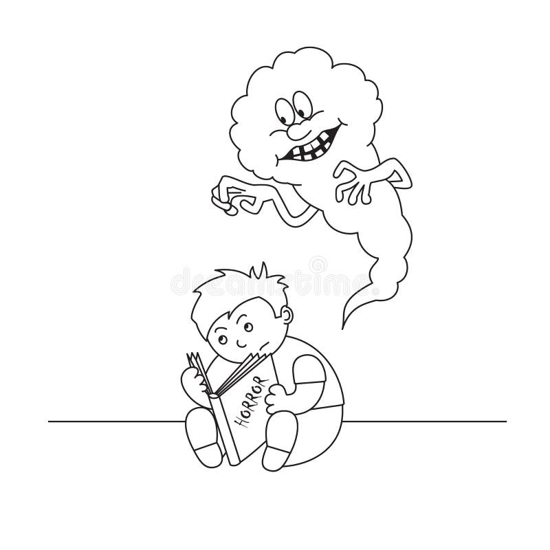 Il ragazzo dell'illustrazione di vettore legge il libro spaventoso, gli spaventi terribili il bambino, coloritura del fantasma de royalty illustrazione gratis Il ragazzo dell'illustrazione di vettore legge il libro spaventoso, gli spaventi terribili il bambino, coloritura del fantasma de royalty illustrazione gratis