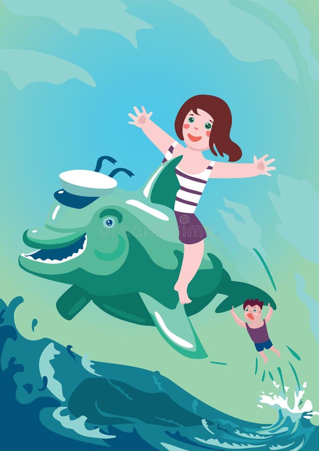 Il ragazzo e la ragazza stanno guidando sul delfino illustrazione vettoriale Il ragazzo e la ragazza stanno guidando sul delfino illustrazione vettoriale
