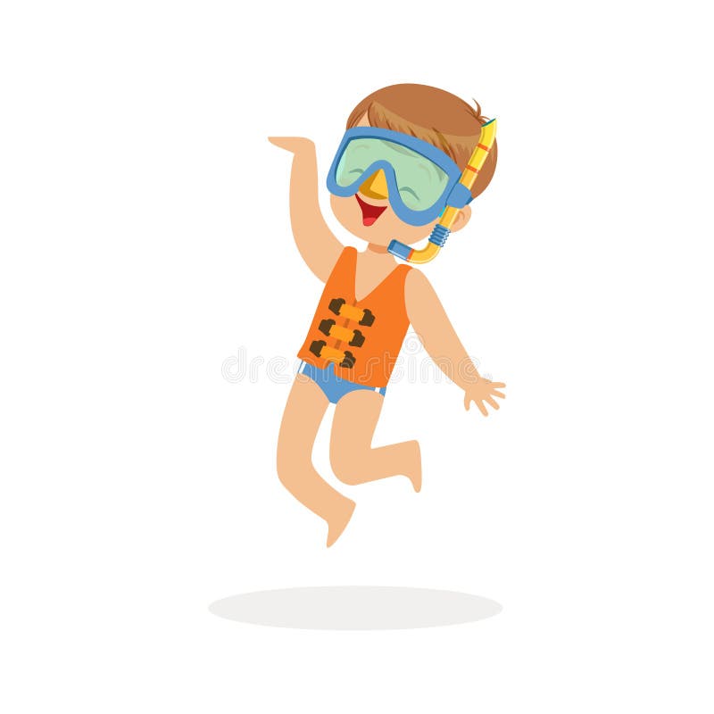 Il ragazzo felice sveglio che porta il giubbotto di salvataggio arancio, presa d'aria e maschera, scherza l'illustrazione variopi illustrazione vettoriale Il ragazzo felice sveglio che porta il giubbotto di salvataggio arancio, presa d'aria e maschera, scherza l'illustrazione variopi illustrazione vettoriale