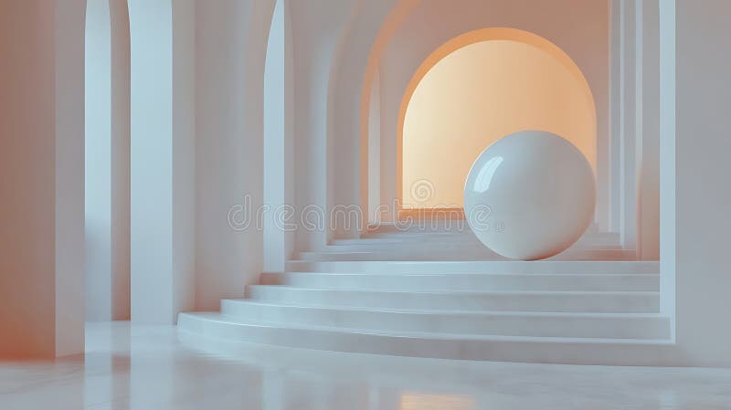Il rendering interno con archi per le scale e la sfera sottili colori pastel evoca tranquillità e serenità sognate royalty illustrazione gratis