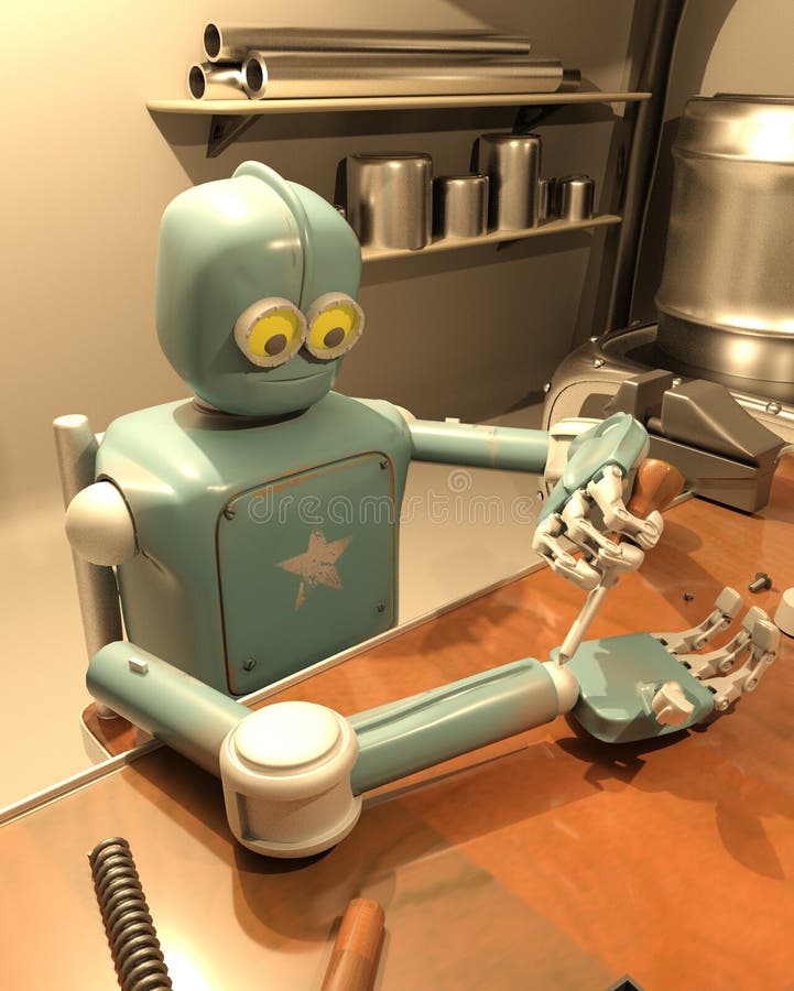 Il retro robot sta riparando la sua mano, la rappresentazione 3d royalty illustrazione gratis Il retro robot sta riparando la sua mano, la rappresentazione 3d royalty illustrazione gratis