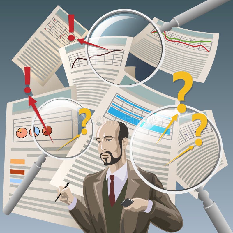 Illustration with auditor analyzing financial documents and three magnifying glasses as metaphor of deep examination. Illustration with auditor analyzing financial documents and three magnifying glasses as metaphor of deep examination