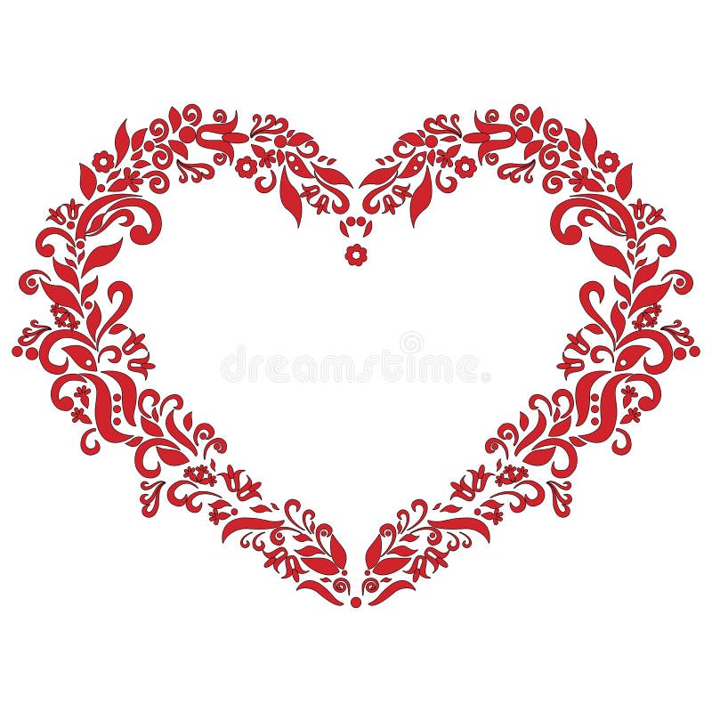 Il ricamo ha ispirato il modello di forma del cuore di amore nel rosso con gli elementi floreali su fondo bianco con il colpo ner illustrazione di stock Il ricamo ha ispirato il modello di forma del cuore di amore nel rosso con gli elementi floreali su fondo bianco con il colpo ner illustrazione di stock