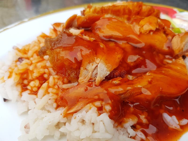Il riso estremo del primo piano ha arrostito la carne di maiale rossa con sugo fotografie stock Il riso estremo del primo piano ha arrostito la carne di maiale rossa con sugo fotografie stock