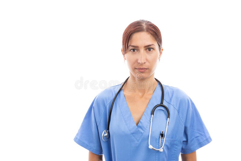 Il ritratto del blu d'uso femminile dell'infermiere o di medico della donna sfrega immagini stock Il ritratto del blu d'uso femminile dell'infermiere o di medico della donna sfrega immagini stock
