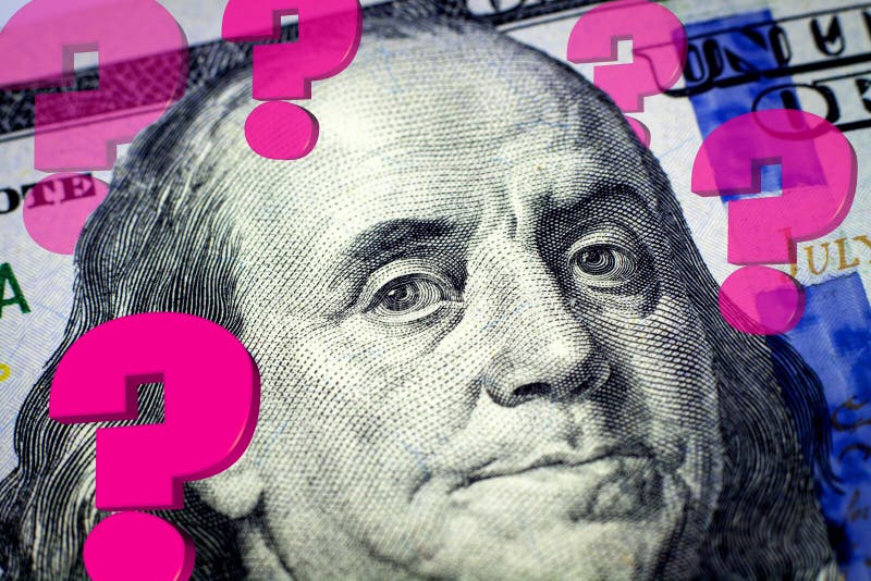 Il ritratto di Benjamin Franklin e punti interrogativi illustrazione di stock Il ritratto di Benjamin Franklin e punti interrogativi illustrazione di stock