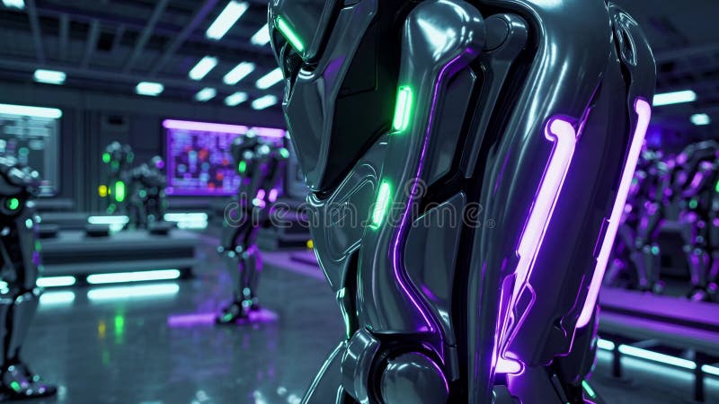 Il robot Cyberpunk si attiva in un workshop futuristico illustrazione di stock
