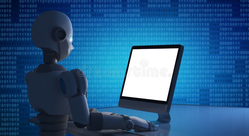 Il robot facendo uso di un computer con lo schermo in bianco, deride su artificiale illustrazione di stock Il robot facendo uso di un computer con lo schermo in bianco, deride su artificiale illustrazione di stock