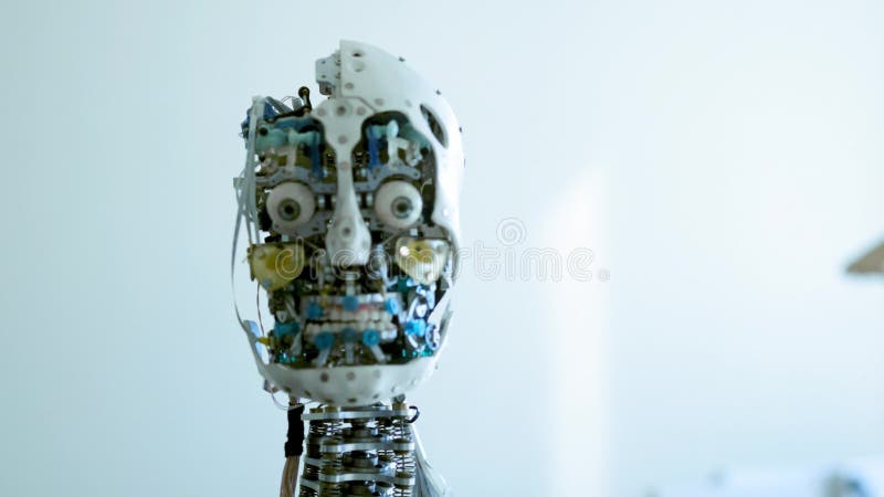 Il robot femminile di umanoide futuristico? in ozio Concetto di futuro La testa di un robot di umanoide di androide di umanoide archivi video