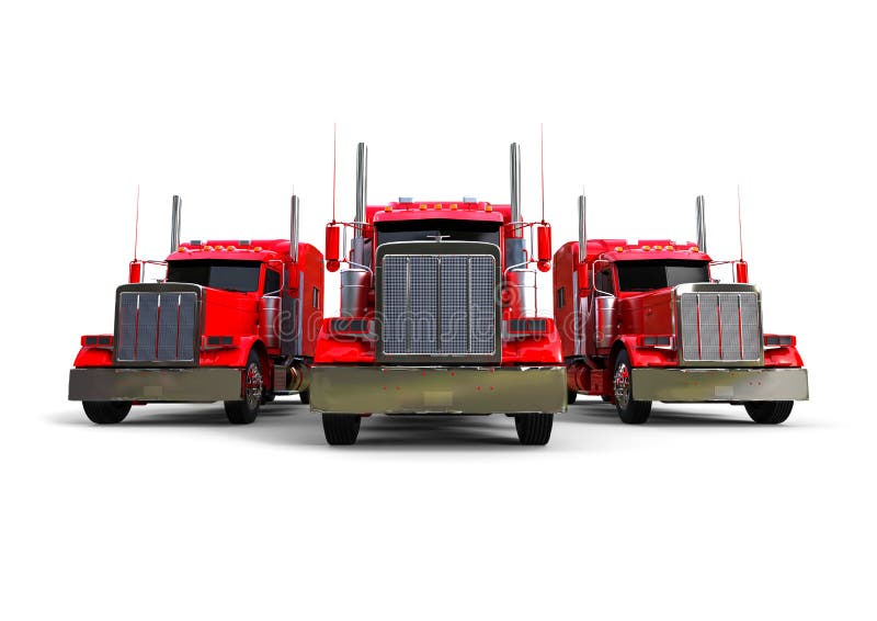 3D render image representing a line of red american trucks. 3D render image representing a line of red american trucks