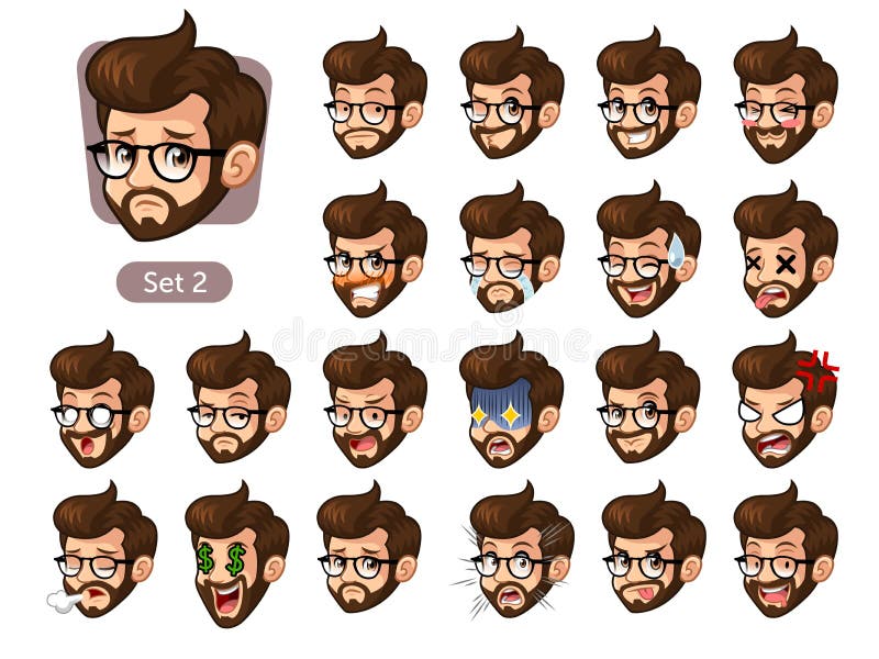 The second set of bearded hipster facial emotions cartoon character design with glasses and different expressions, sad, tired, angry, die, mercenary, disappointed, shocked, tasty, etc. vector illustration. The second set of bearded hipster facial emotions cartoon character design with glasses and different expressions, sad, tired, angry, die, mercenary, disappointed, shocked, tasty, etc. vector illustration.