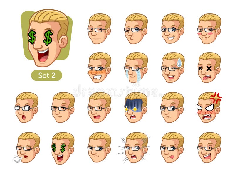 The second set of male facial emotions cartoon character design with blonde hair and different expressions, sad, tired, angry, die, mercenary, disappointed, shocked, tasty, etc. vector illustration. The second set of male facial emotions cartoon character design with blonde hair and different expressions, sad, tired, angry, die, mercenary, disappointed, shocked, tasty, etc. vector illustration.