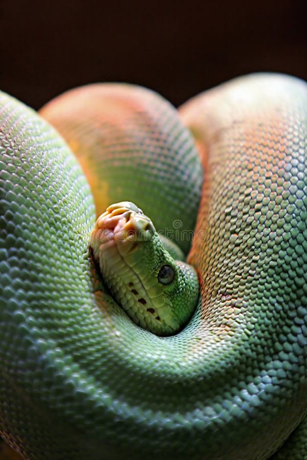 Il serpente tossico verde si è arrotolato con la testa che scruta fuori e che esamina la macchina fotografica. immagini stock libere da diritti