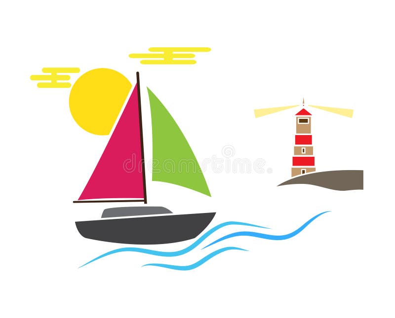 Il sole della costa del faro della barca ondeggia l'oceano del mare Illustrazione di vettore su priorità bassa bianca Marrone di illustrazione di stock
