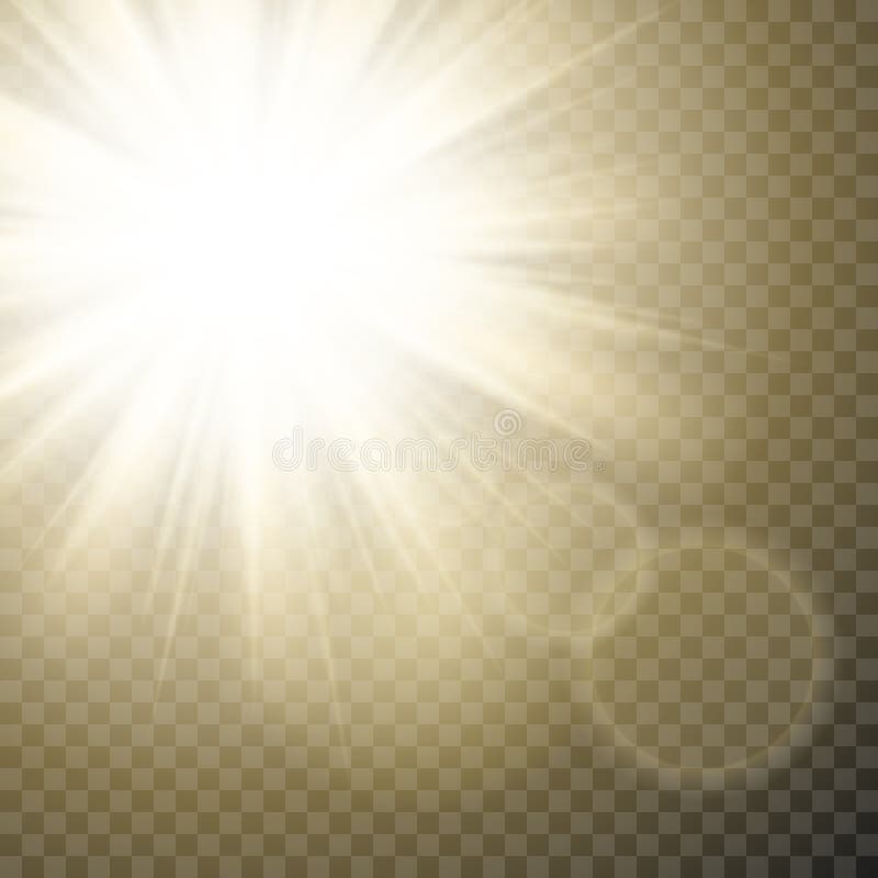 Il sole scintillante rays con il punto caldo e si svasa con effetto del chiarore del sole su fondo trasparente