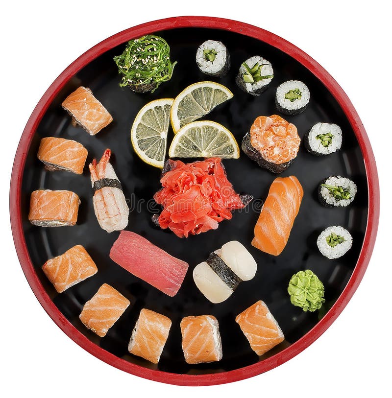 Il sushi Set nigiri, i panini e il sashimi servivano per la classica placca gialla di Sushioke Su fondo bianco fotografie stock Il sushi Set nigiri, i panini e il sashimi servivano per la classica placca gialla di Sushioke Su fondo bianco fotografie stock