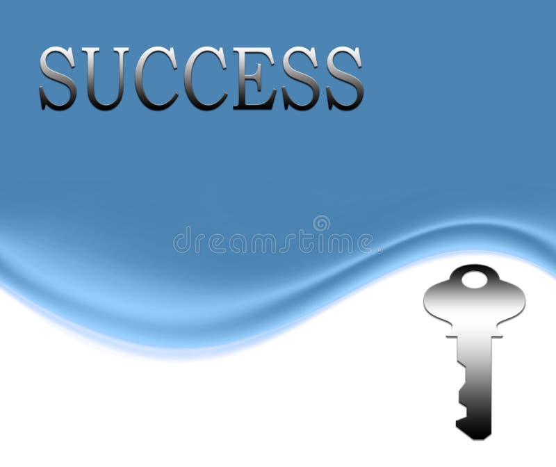 The word success and a shiny silver key on a smooth blue and white wave background with copyspace. The word success and a shiny silver key on a smooth blue and white wave background with copyspace