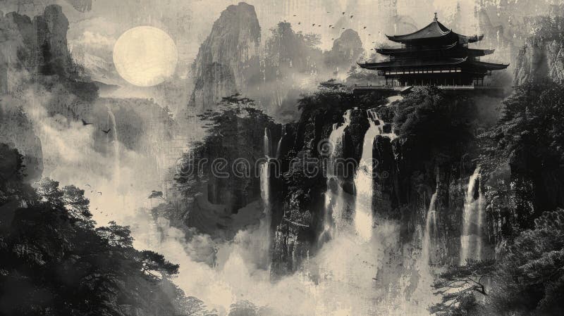 Il tempio giapponese è un antico tempio ambientato in natura lusingata, esposto in un grigio poster che cattura la bellezza serena immagine stock