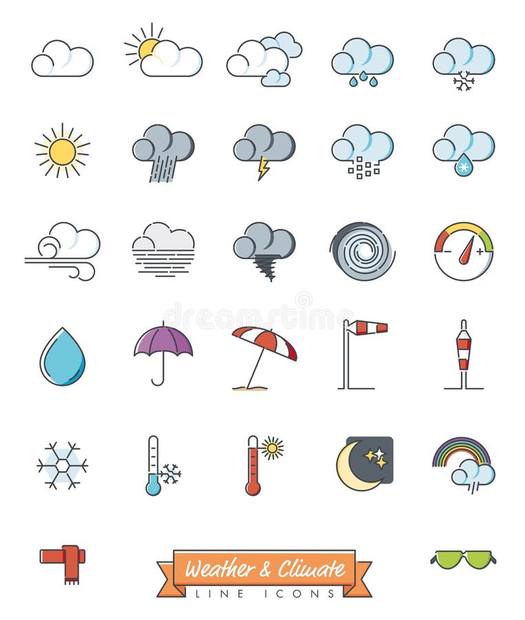 Il tempo e la meteorologia hanno riempito la linea icone di vettore illustrazione vettoriale Il tempo e la meteorologia hanno riempito la linea icone di vettore illustrazione vettoriale