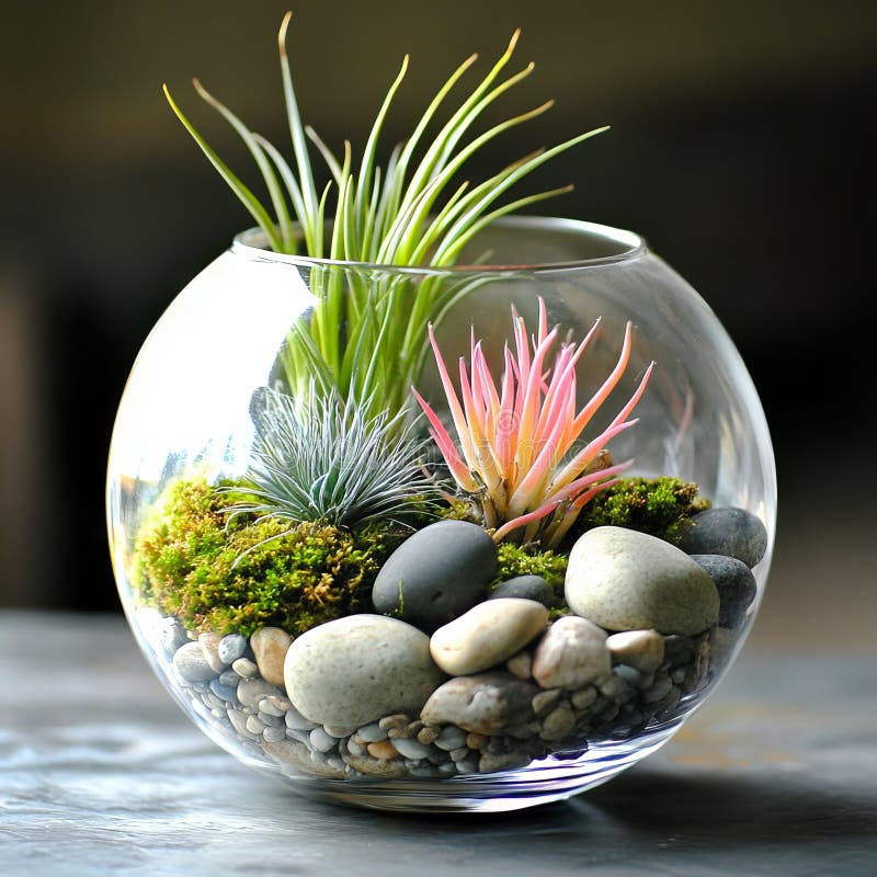 Il terrario in miniatura è composto da vivaci ciottoli di rosa e di spolette verdi e piccole piante d'aria tutte immagini stock libere da diritti