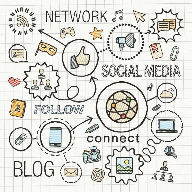 Il tiraggio sociale della mano di media ha integrato le icone di colore messe illustrazione vettoriale Il tiraggio sociale della mano di media ha integrato le icone di colore messe illustrazione vettoriale