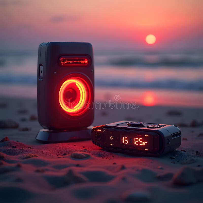 Il tramonto illumina apparecchiature tecnologiche futuristiche sulla spiaggia illustrazione di stock